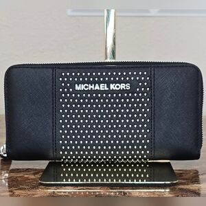 Michael Kors Black Studded Zip Around Wallet Large Continental Saffiano Leather